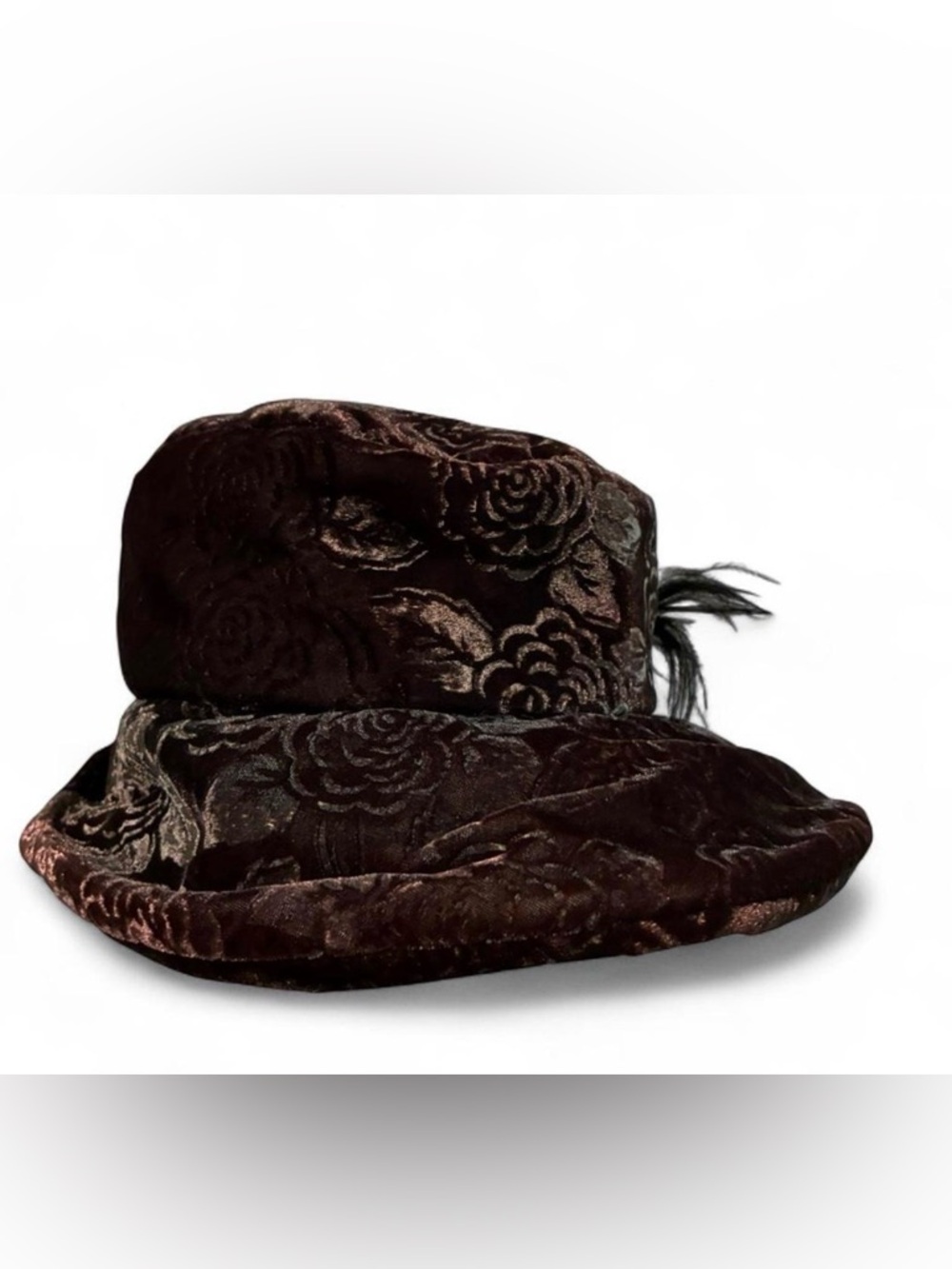 Vintage-Style Brown Velvet Floral Hat with Feather Accent - Picture 3 of 9